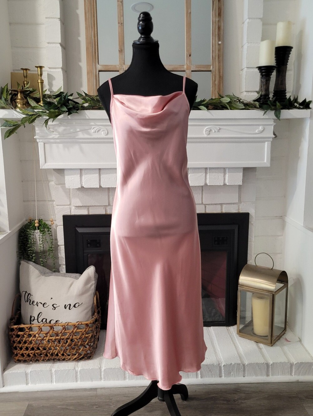 Vintage bebe Pink Satin Cowl Neckline  Slip Midi Coqutte Balletcore Dress Medium